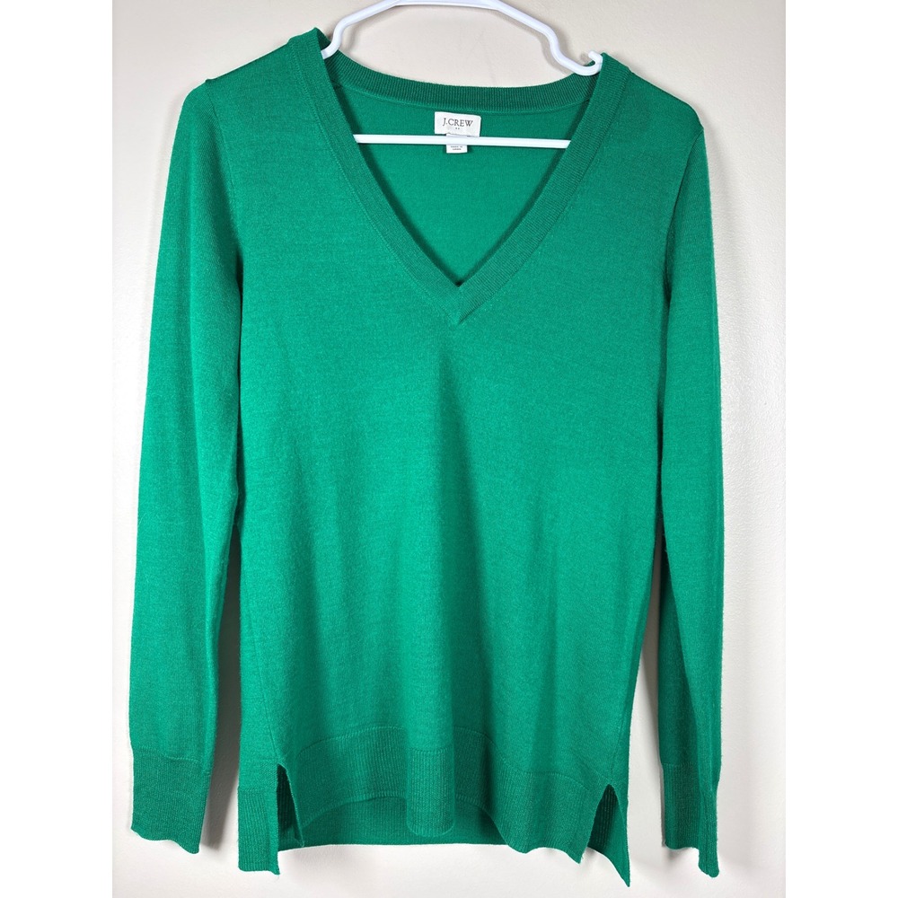 J. Crew Women XS Kelly Green V-Neck Long Sleeve Knit Sweater Side Slits Academia